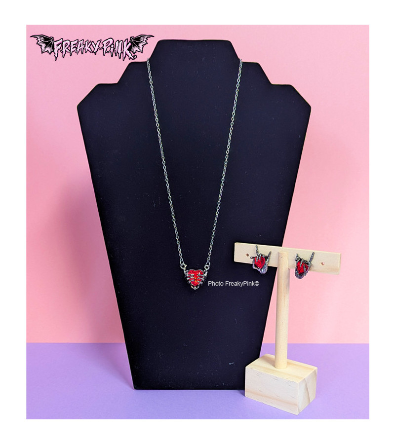 Boucles D'Oreilles Mains Squelettes Coeur Rouge