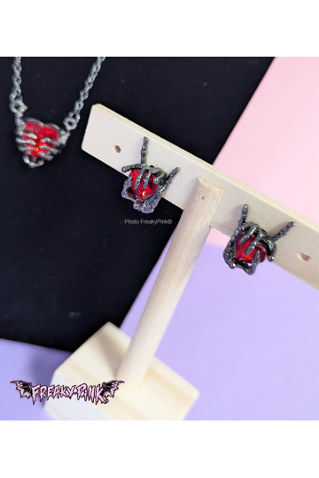 Skeleton Hands Red Heart Earrings