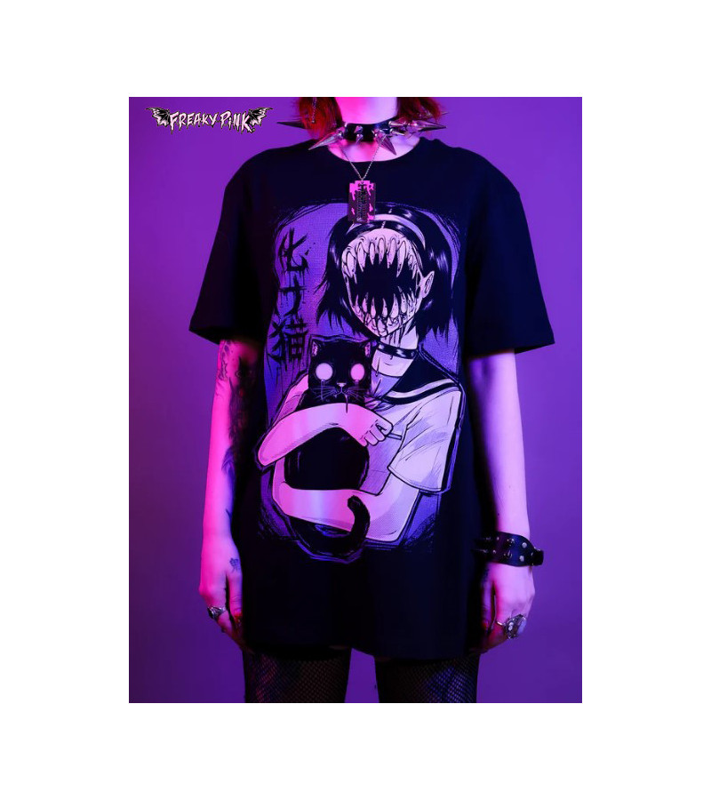 Black Cat Bakaneko Unisex T-shirt Pinku Kult - Freaky Pink