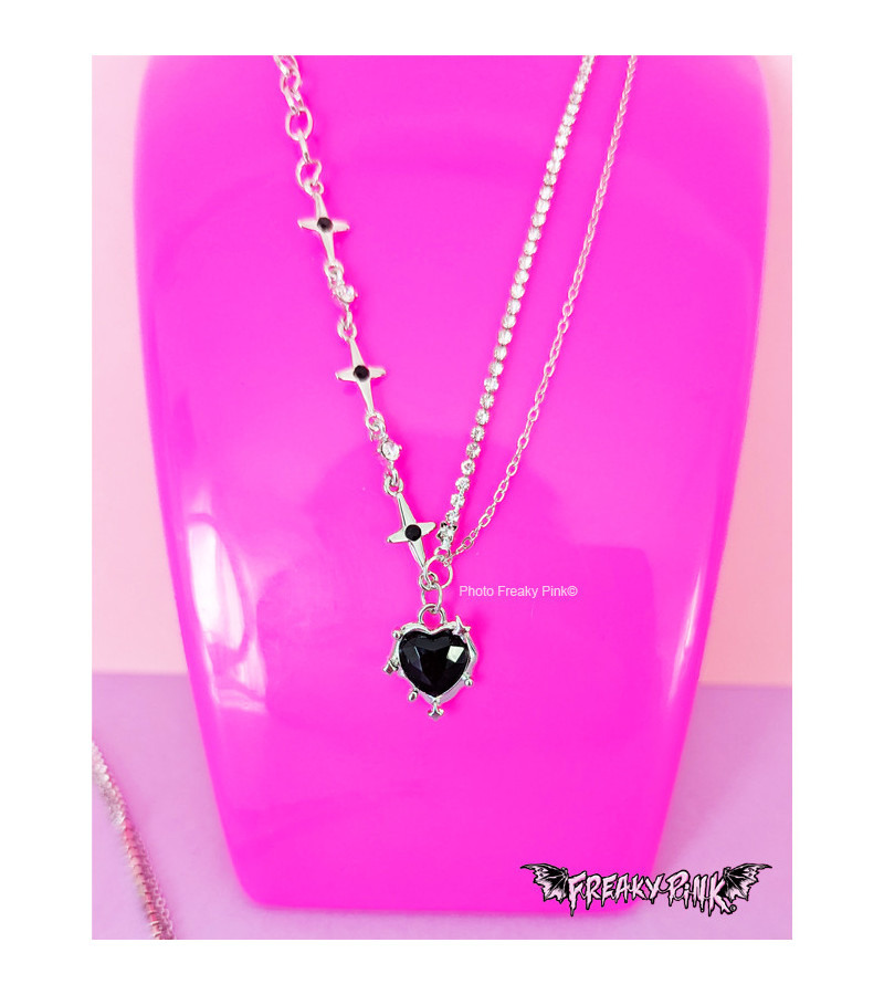 Collier Coeur Noir Etoiles