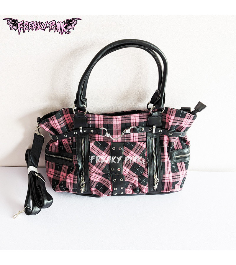 Pastel Pink and Black Tartan Big Handbag - Freaky Pink