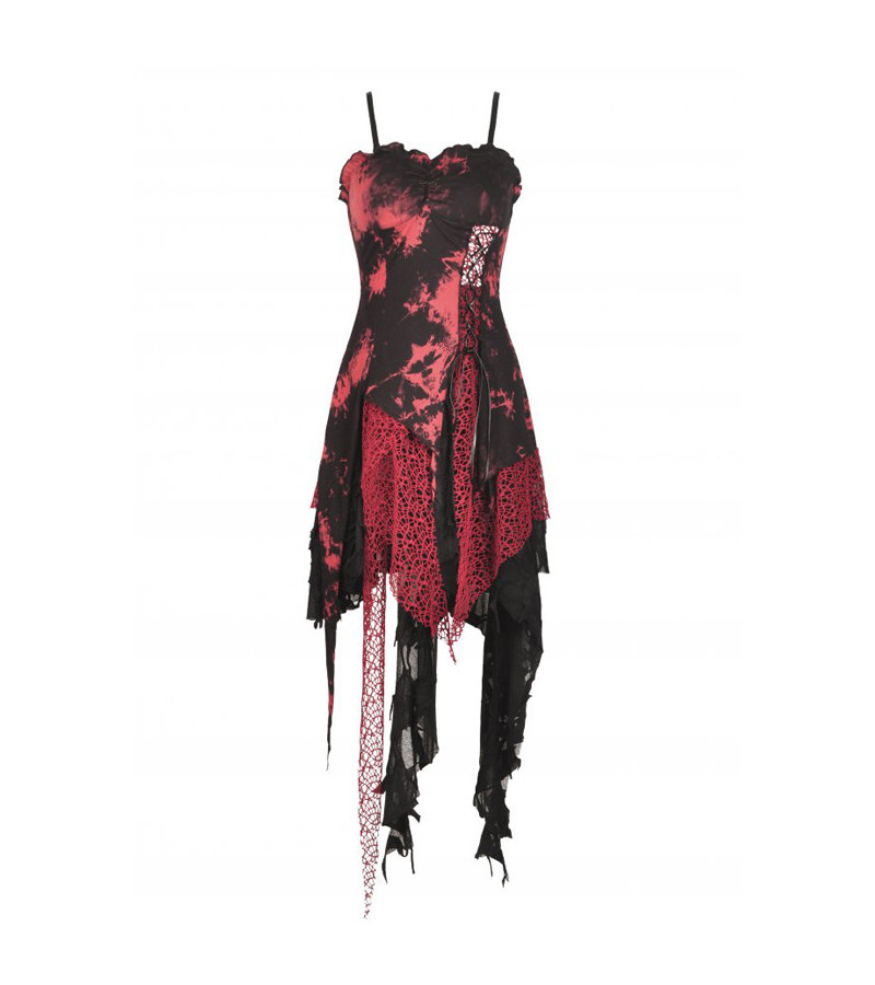 Long Asymmetric Punk Rock Red Tie Dye Dress