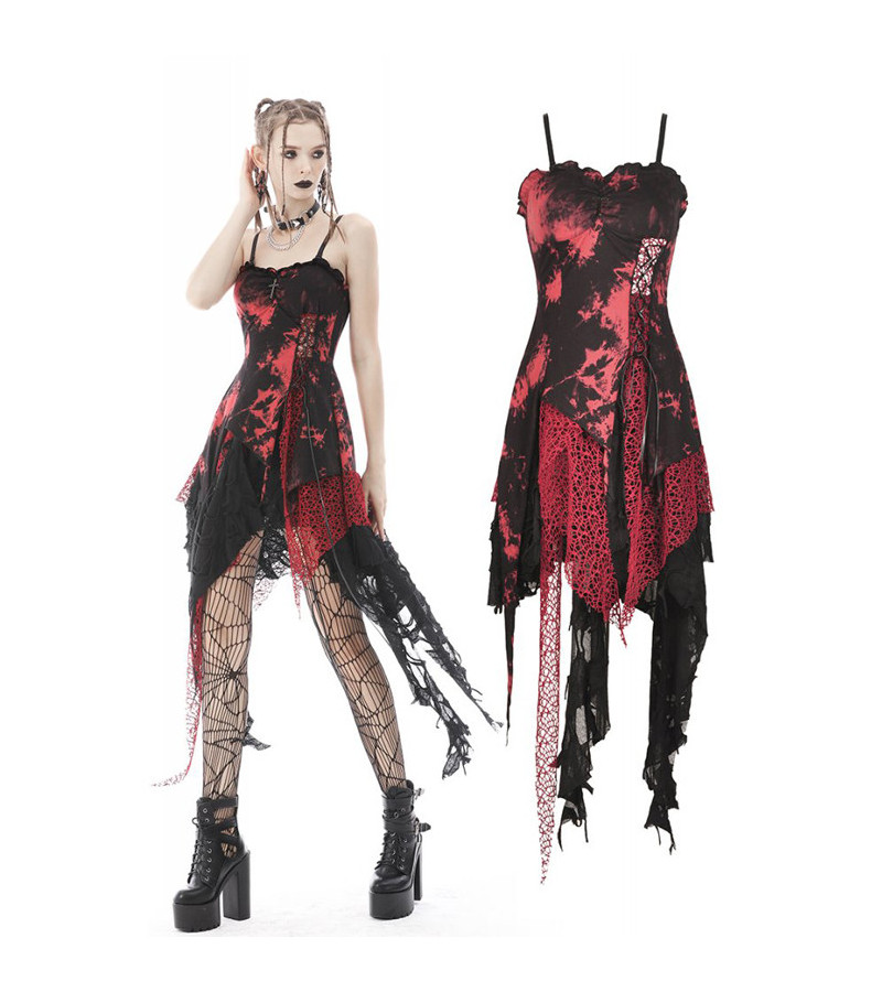 Long Asymmetric Punk Rock Red Tie Dye Dress