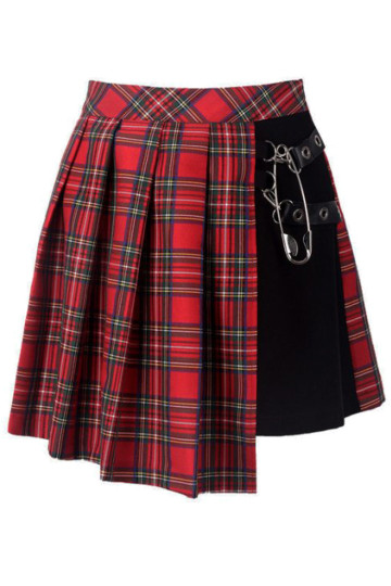 Big Pin Red And Black Pleated Plaid Skirt