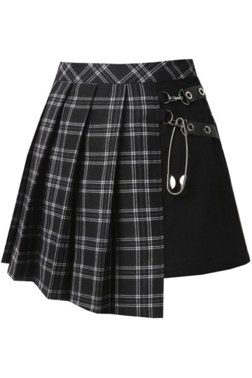 Big Pin Grey And Black Pleated Plaid Skirt