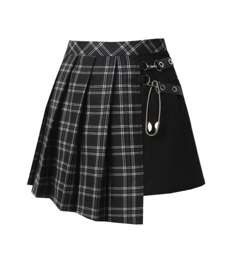 Big Pin Grey And Black Pleated Plaid Skirt