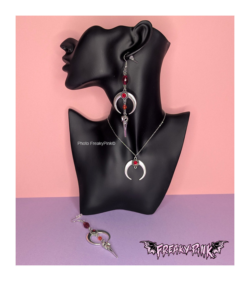 Crow Skull Half Moon Red Earrings