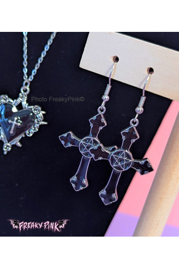 Black Cross With Pentacle Earrings