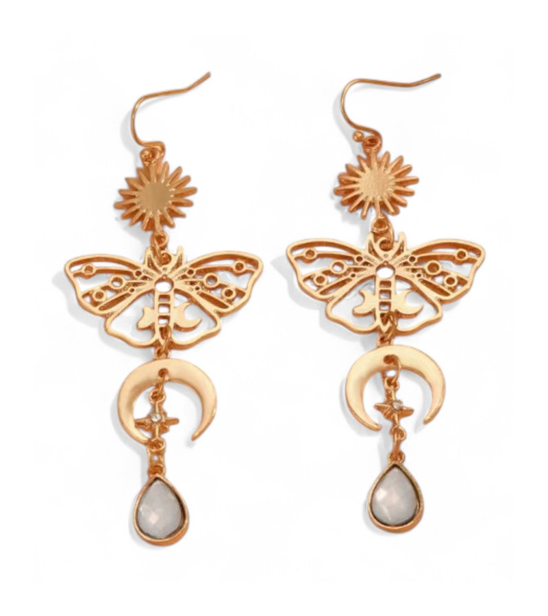 Golden Butterfly And Moon Earrings