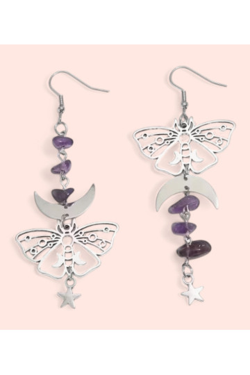 Silver Butterfly And Moon Earrings