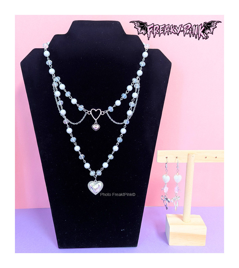 Boucles D'Oreilles Coeurs Blancs Etoiles Roses Noeuds