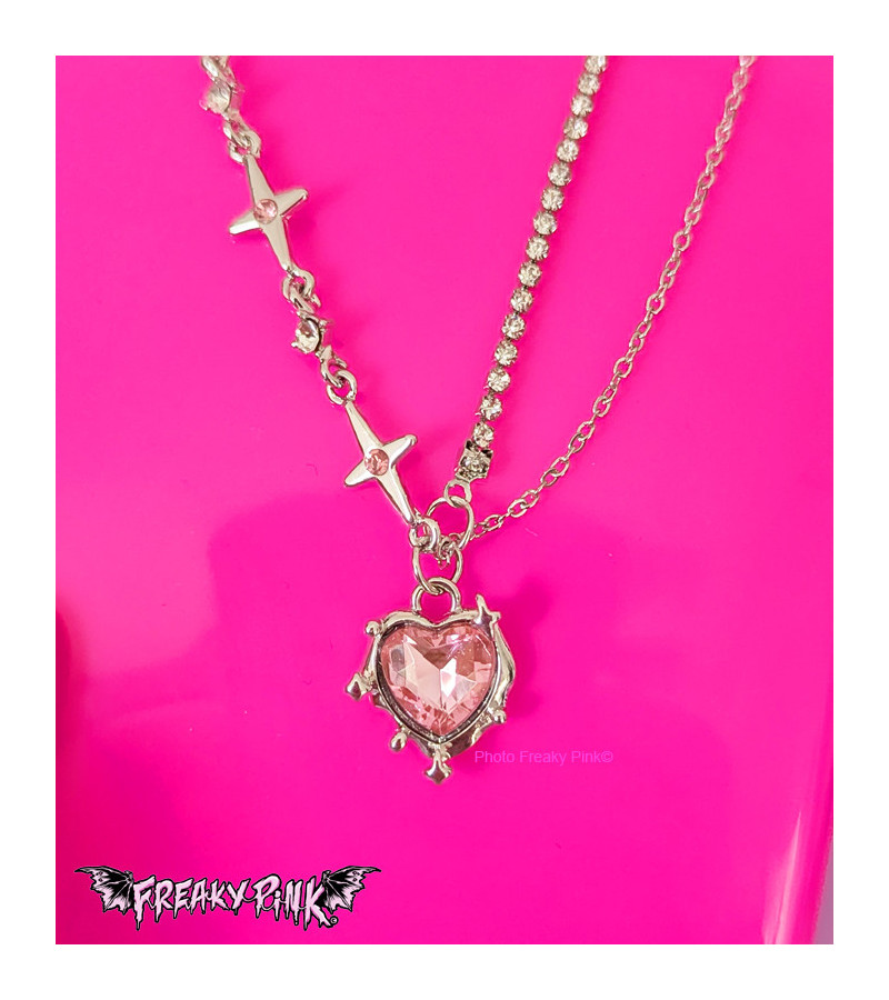 Collier Coeur Rose Pastel Etoiles