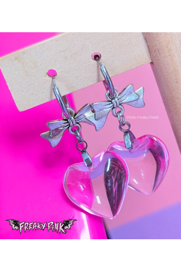 Pink Transparent Hearts With Bows Earrings