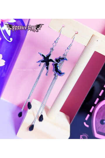 Boucles D'Oreilles Lune Etoile Noires