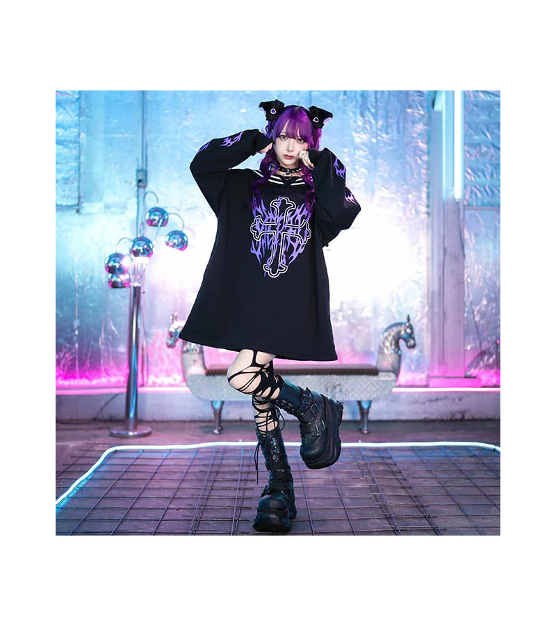 Sailor Collar Cross Purple Flames Sweat-Shirt - Listen Flavor