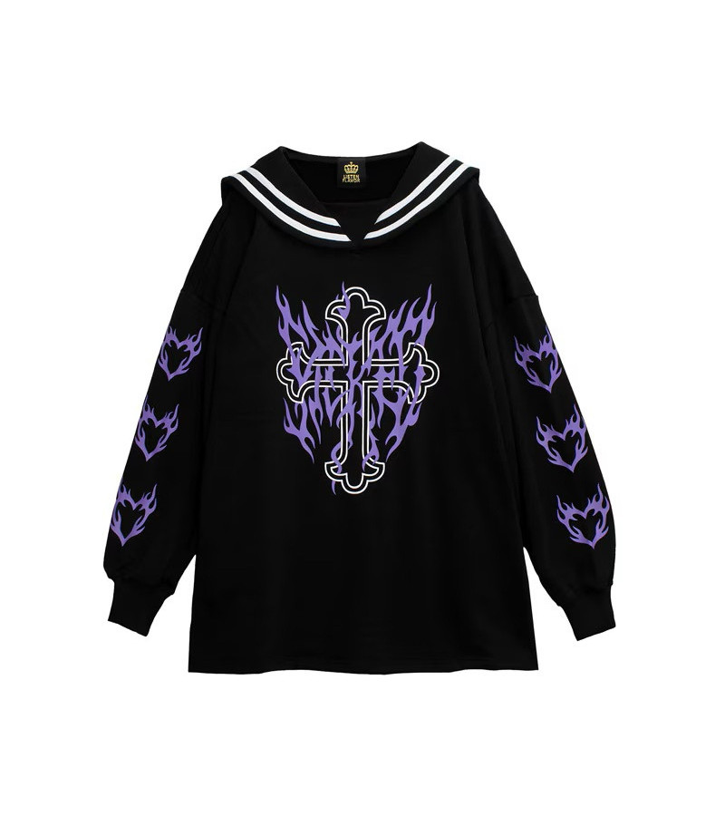 Sailor Collar Cross Purple Flames Sweat-Shirt - Listen Flavor