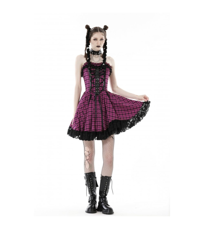 Gothic Lolita Pink and Black Plaid Dress