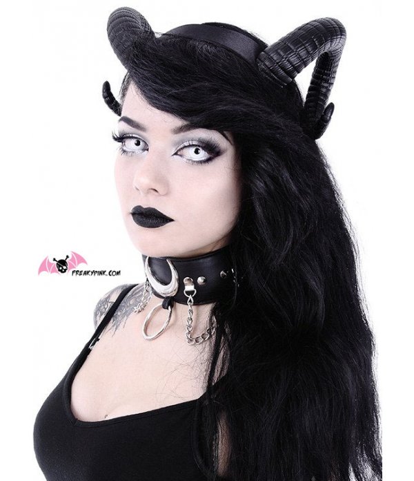 SHOPANTS Serre-tête en corne de sorcière carnaval bal masqué accessoire pour cheveux de diable costume pour femme avec collier gothique vintage en dentelle noire pour cosplay
