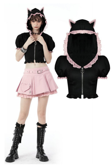 Pink And Black Zipper Top With Cat Ears