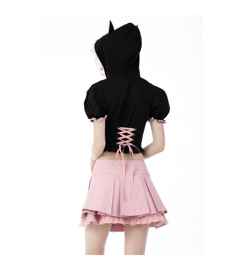 Pink And Black Zipper Top With Cat Ears