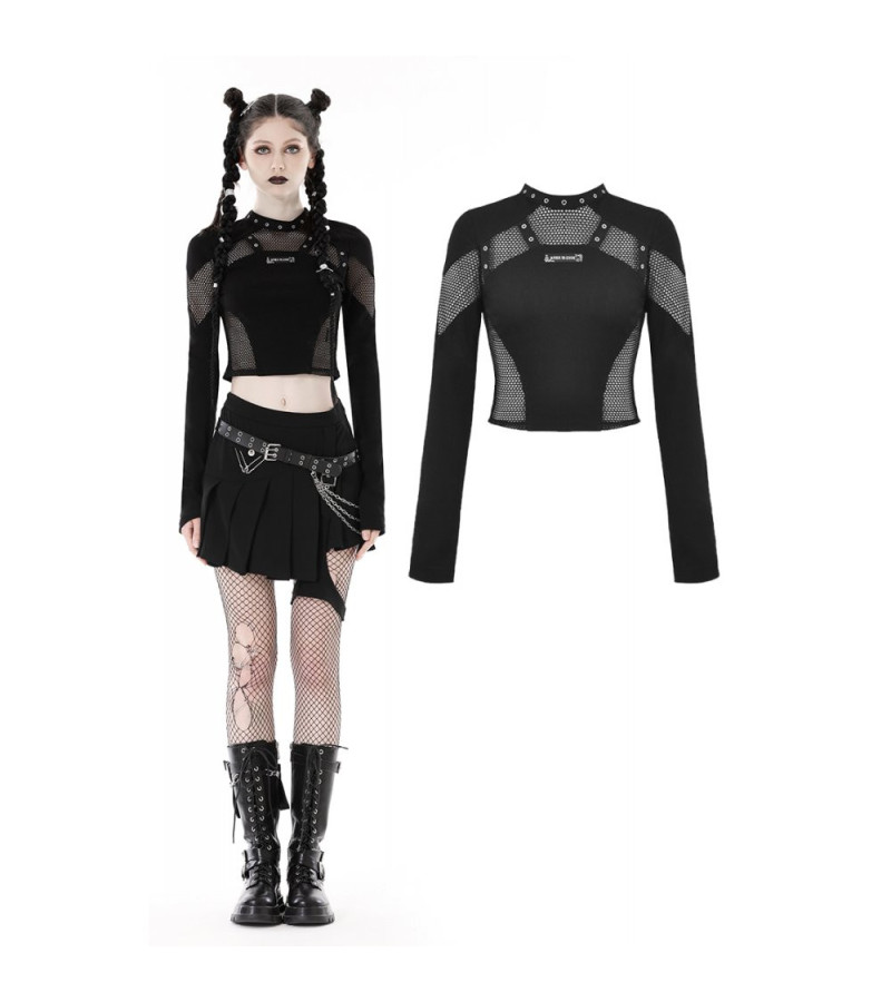 Crop Top Punk Découpes Résilles Noires Manches Longues