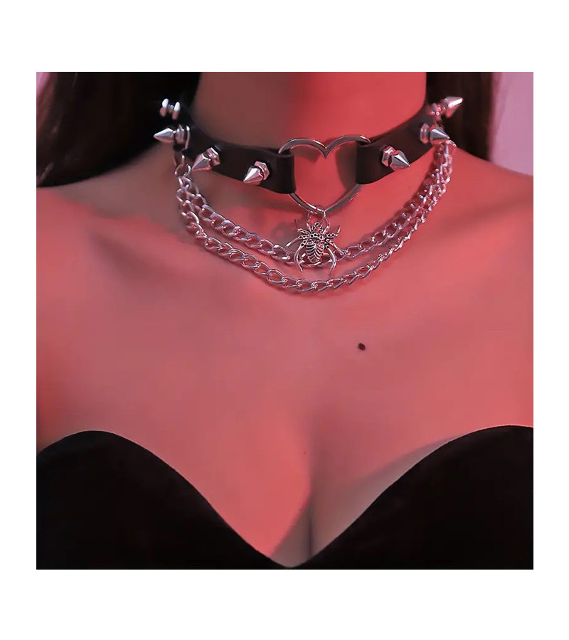 Spider Heart Spikes And Chain Choker - Freaky Pink
