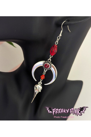 Boucles D'Oreilles Crane Corbeau Gemmes Rouges