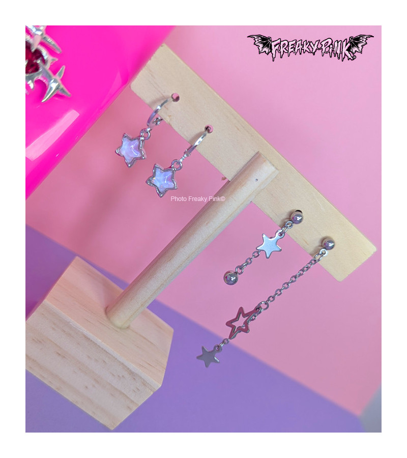 Boucles D'Oreilles Etoiles Chaines Asymétriques Acier Inoxydable