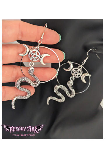 Snake Triple Moon Pentagram Earrings