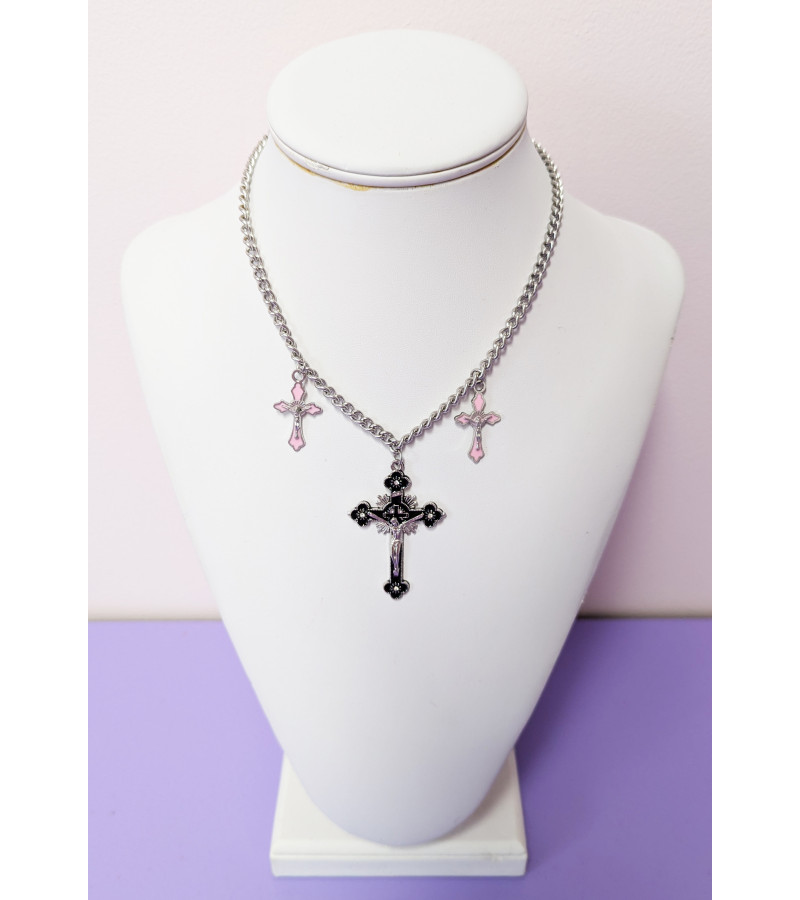 Collier Croix Noir Et Rose