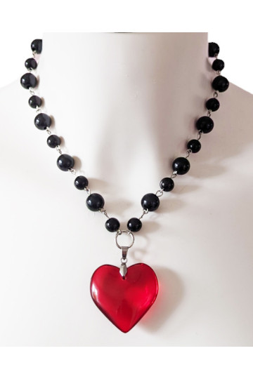 Red Heart Necklace With Black Beads
