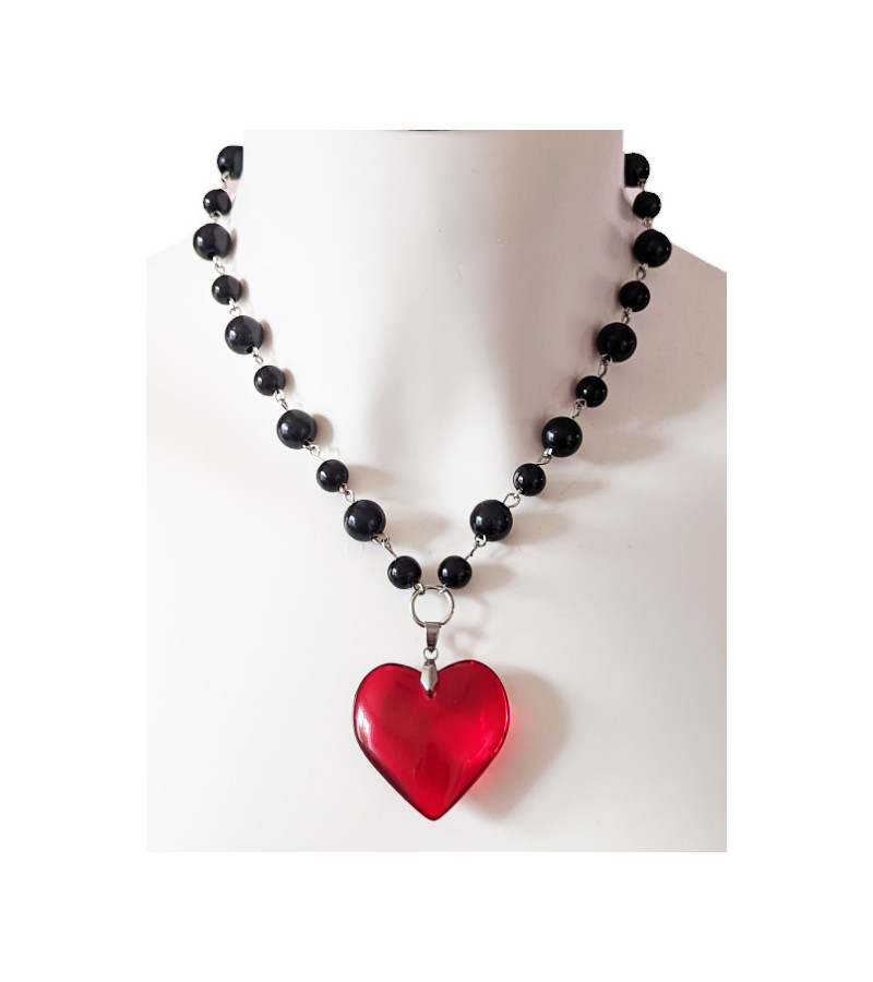 Red Heart Necklace With Black Beads