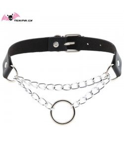 Choker noir anneau et chaine en métal argenté