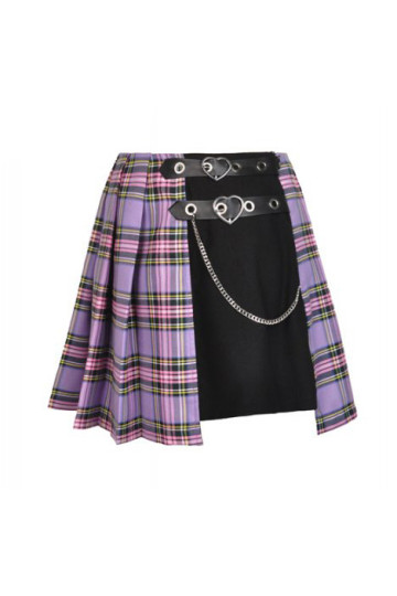 Purple Pleated Plaid Skirt