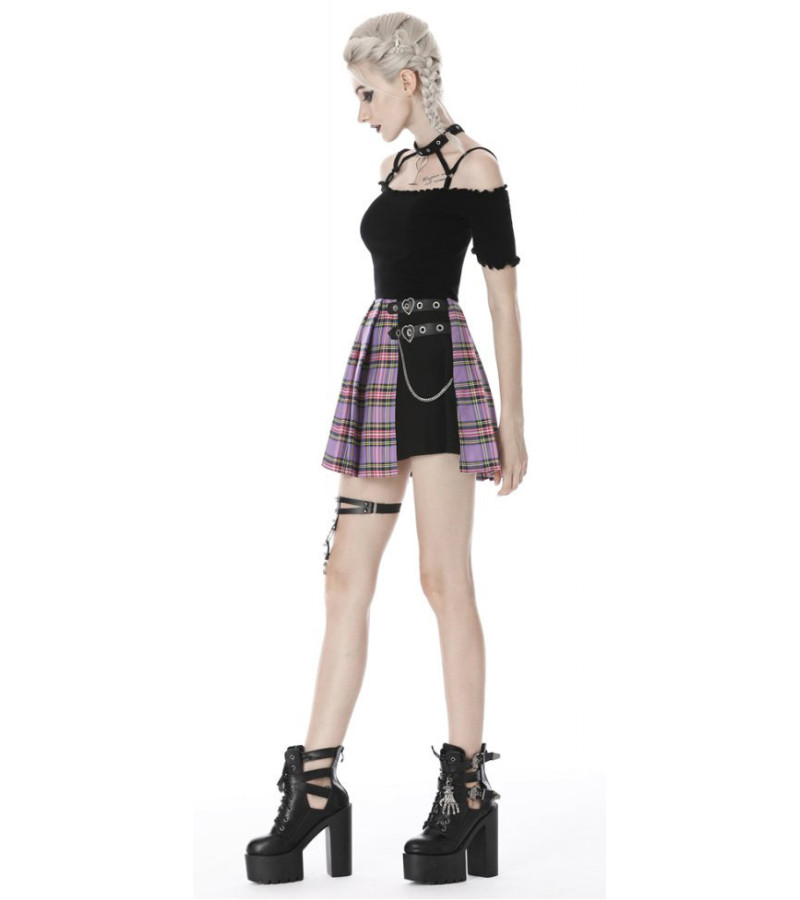 Purple Pleated Plaid Skirt