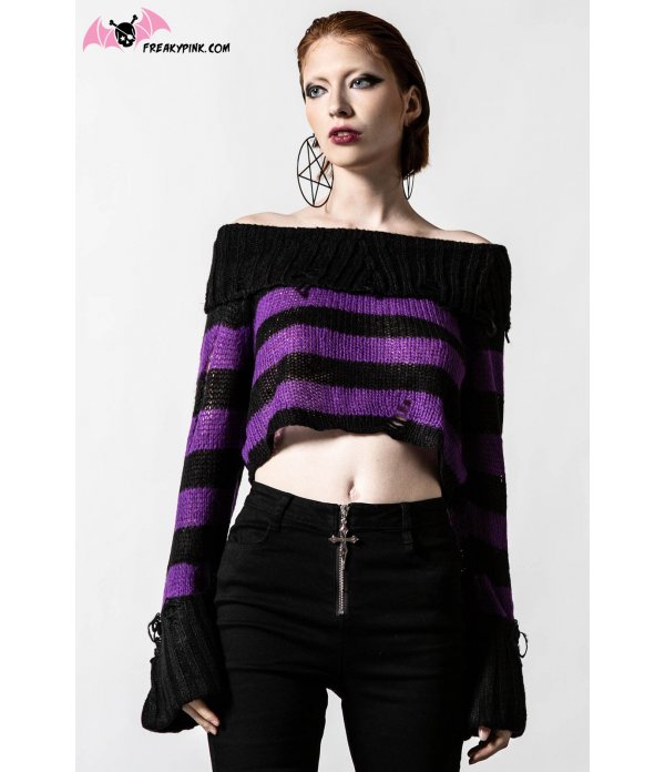 Pull court rayé noir et violet "Veruca Salt"