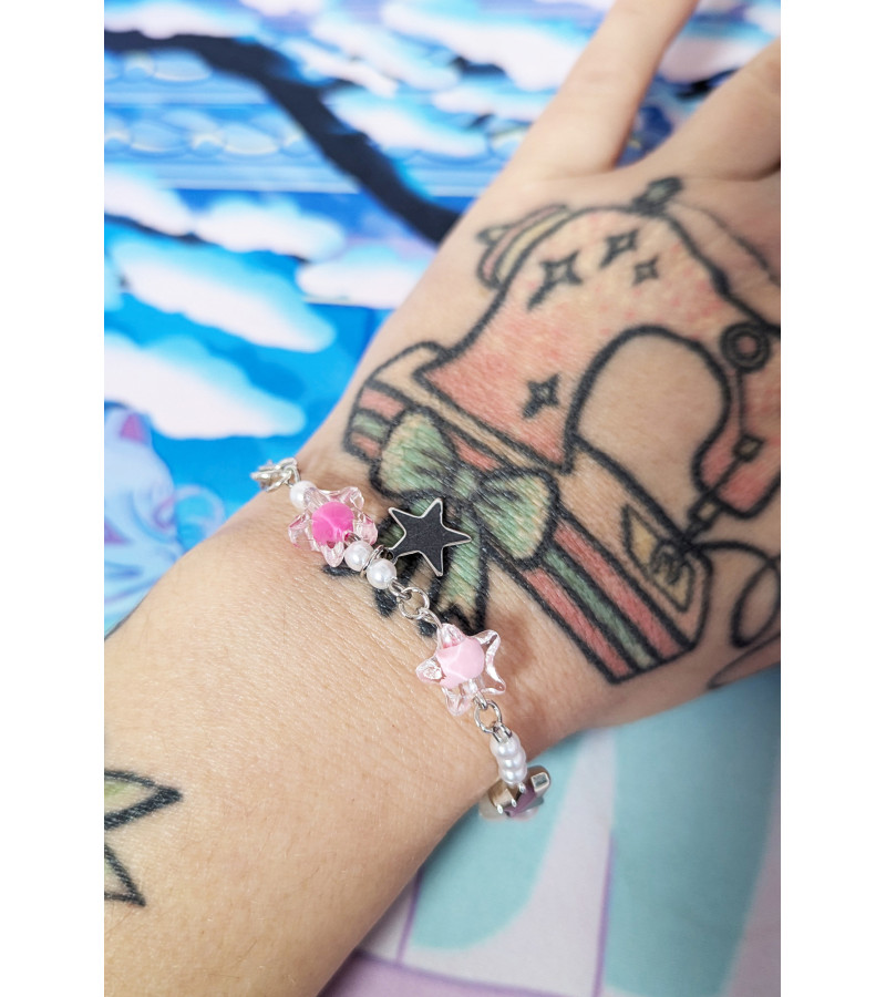 Bracelet Perles Cœurs Etoiles Rose