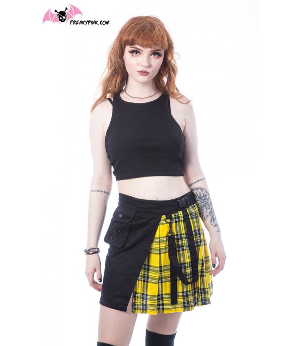 Jupe courte Infinity asymetrique en tartan a carreaux jaunes et noirs