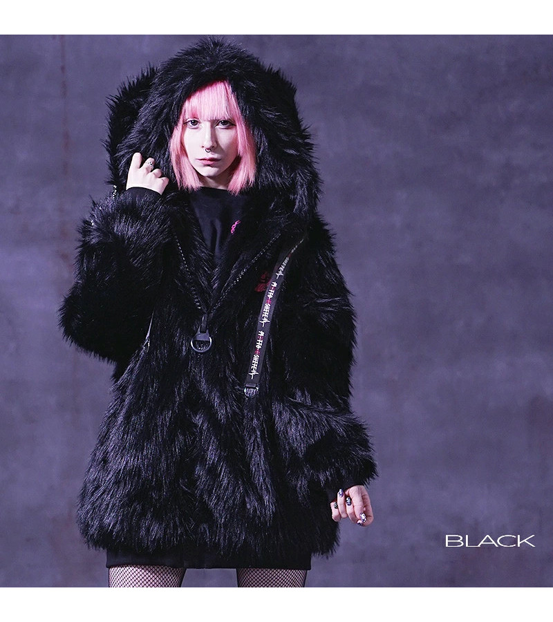 Black Fluffy Bunny Ears Coat - - Motto Aishite