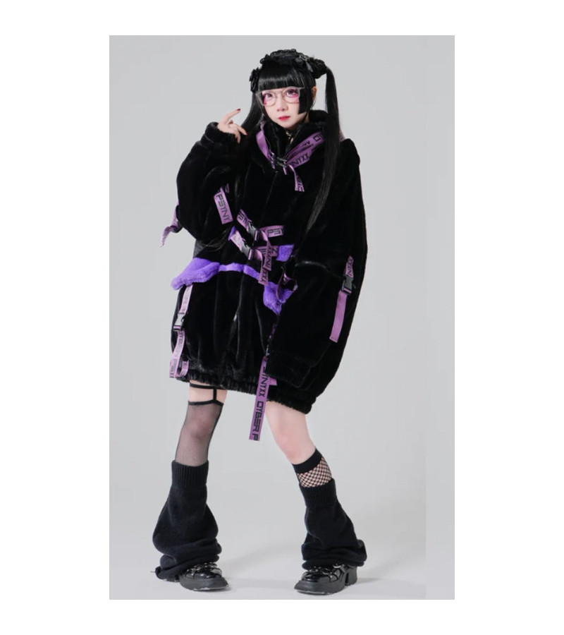 Manteau Fourrure Cyber Noir Et Violet - Psynyxx