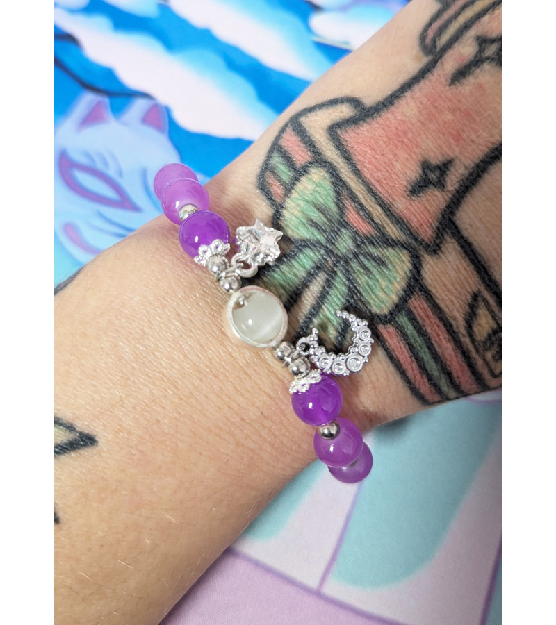 Bracelet Perles Violettes Lune Etoile