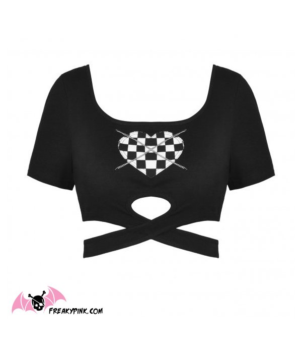 Crop top cœur damier noir et blanc