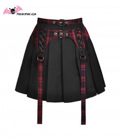 Jupe plissée noire et tartan rouge à double laçage