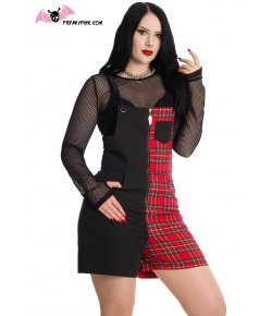 Short salopette bicolore tartan rouge et noir