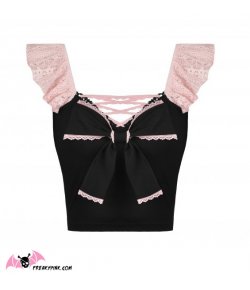 Crop top lolita nœud rose et noir