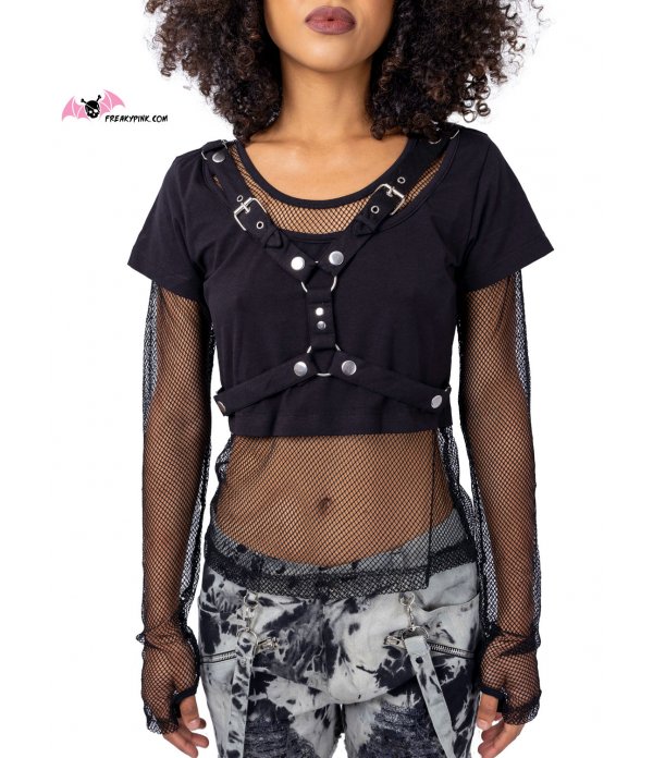 Crop top avec harnais et résilles noires