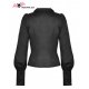 Blouse noire col chauve-souris et broche violette