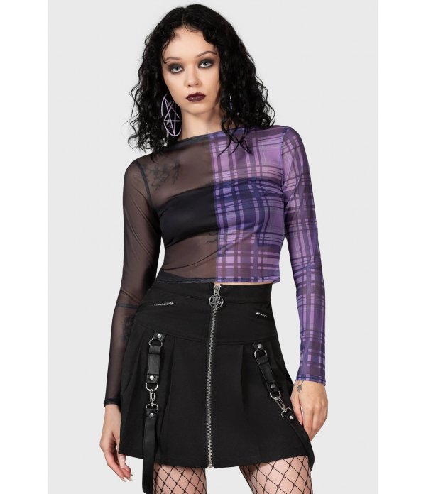 Sweet Nightmare crop top tartan violet et noir