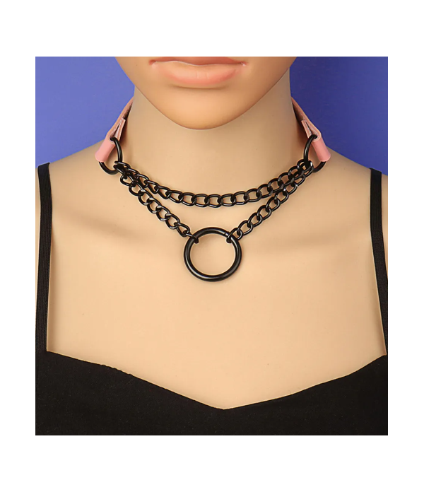 Choker rose pastel et noir anneau et chaîne