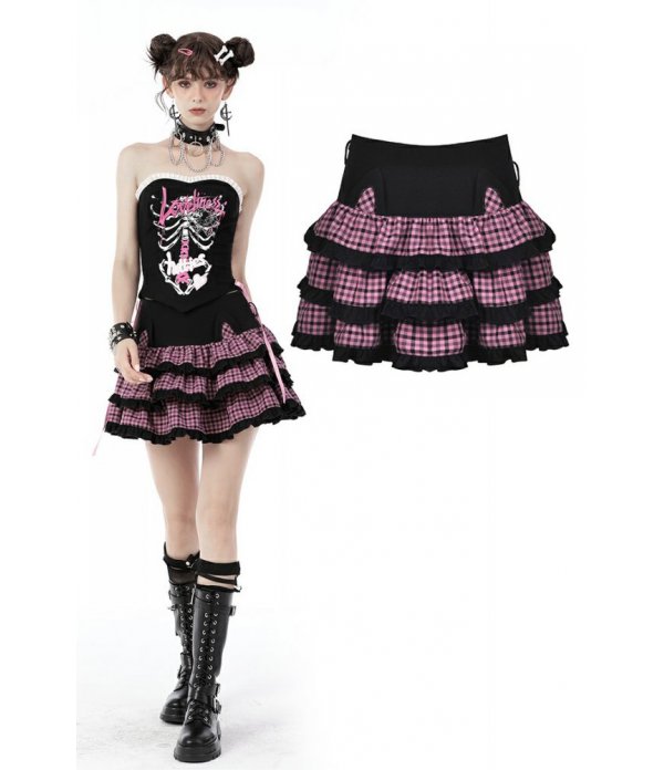 Jupe Magic Cat Tartan Rose et Noir